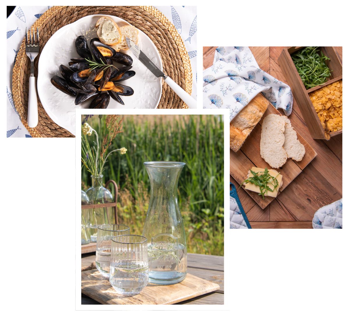 Tuinfoto's Collage van 3 barbecue foto's. Een foto is van afgesneden stokbrood, een foto van een karaf met water en twee glazen en een foto is een bord met mosselen op een placemat.