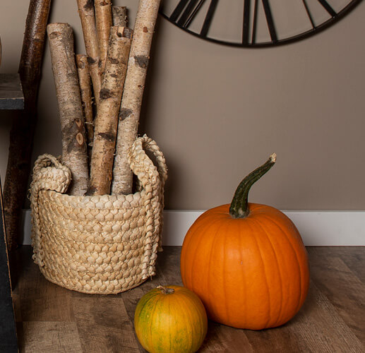 Two pumpkins with a basket of wood.