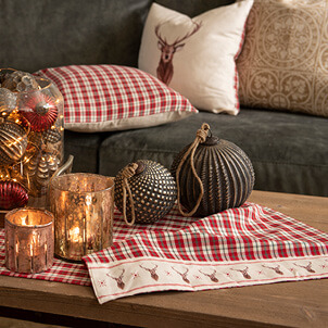 Christmas balls on a tablecloth.