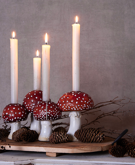 Mushroom Candleholders with Burning Candles