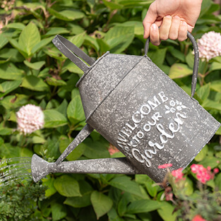 Eine Zinnkanne mit einem Garten im Hintergrund, mit einem Knopf am unteren Rand des Fotos mit der Aufschrift 'Gartenliebhaber', der auf Geschenke für Gartenliebhaber hinweist.