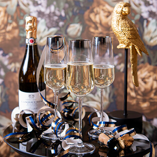 Drie champagneflutes gevuld met champagne, naast een fles champagne, omringd door feestelijke Nieuwjaarsdecoraties zoals slingers. Aan de onderkant van de afbeelding bevindt zich een knop met het label 'Nieuwjaar', die linkt naar de Nieuwjaars pagina.