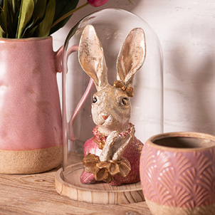 A glass cloche with a rabbit bust