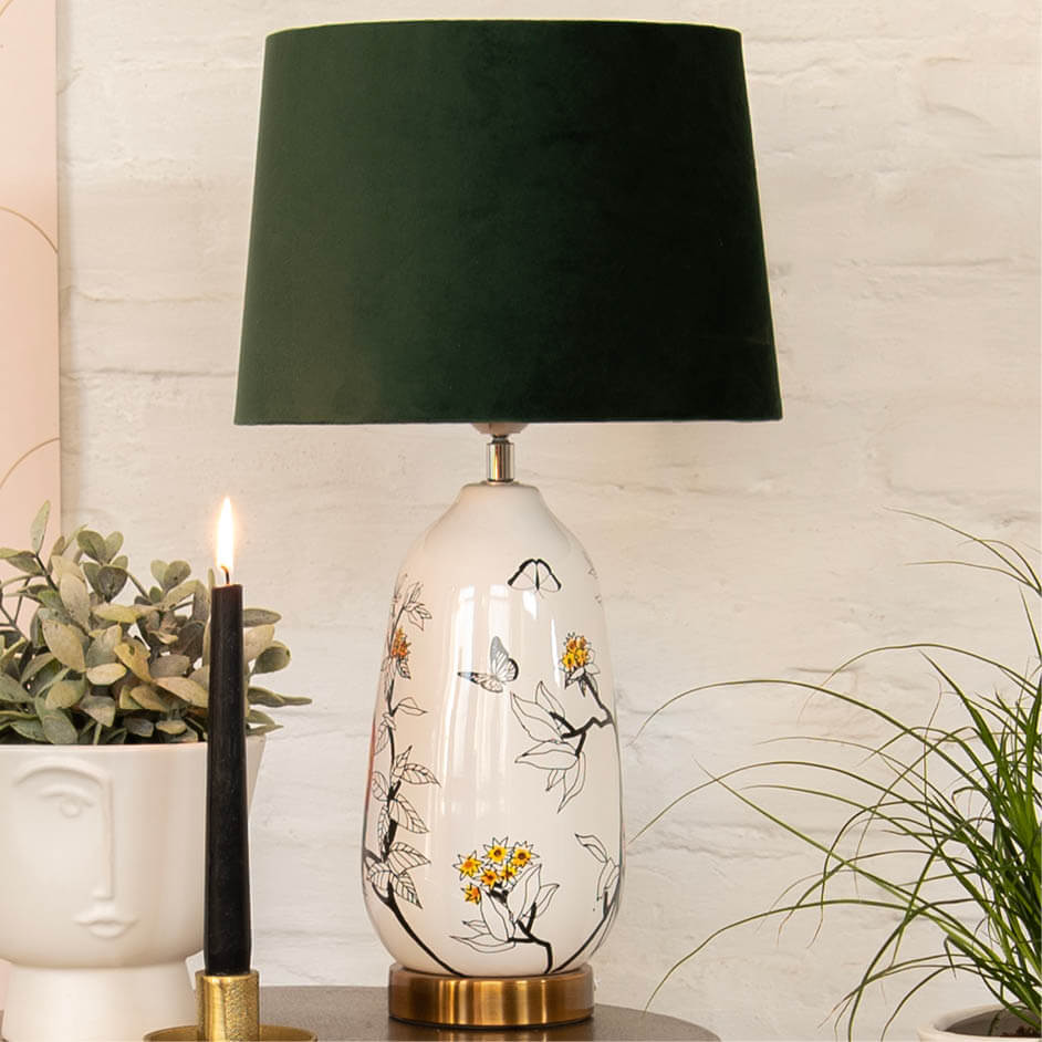 Table lamp with lampshade and lamp base featuring a modern pattern