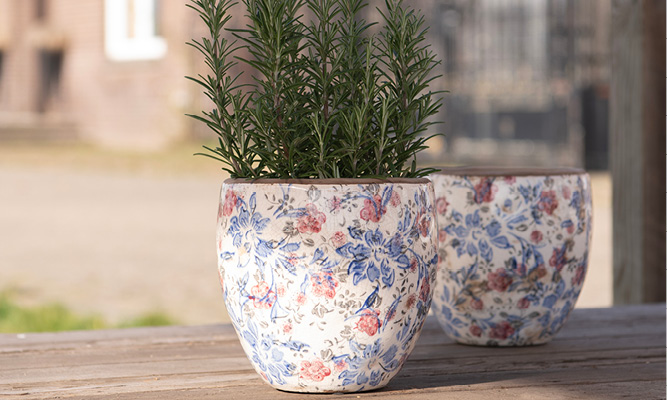 Ein Landhaus-Blumentopf mit blauen und rosa Blumen im Muster