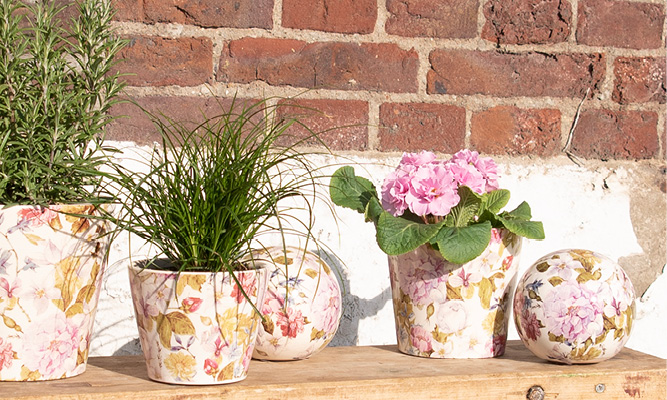 Un banc en bois sur lequel se trouvent divers pots de fleurs et des sphères décoratives, couverts de motifs de pivoines anciennes et remplis de plantes