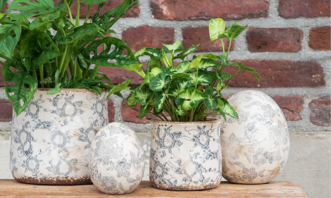 Deux pots de fleurs et des œufs décoratifs avec un motif de style brocante, contenant des plantes d'intérieur