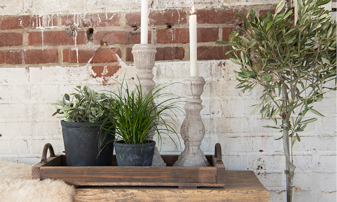 Due vasi per fiori antracite e due portacandele in cemento su un vassoio di legno