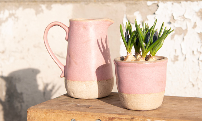 Een roze bloempot met een bruine onderkant en een roze decoratieve schenkkan met een bruine rand