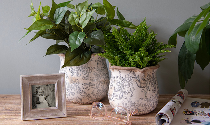 Twee brocante bloempotten met antieke krullen en daarin zitten groene plantjes en ernaast staat een houten fotolijstje