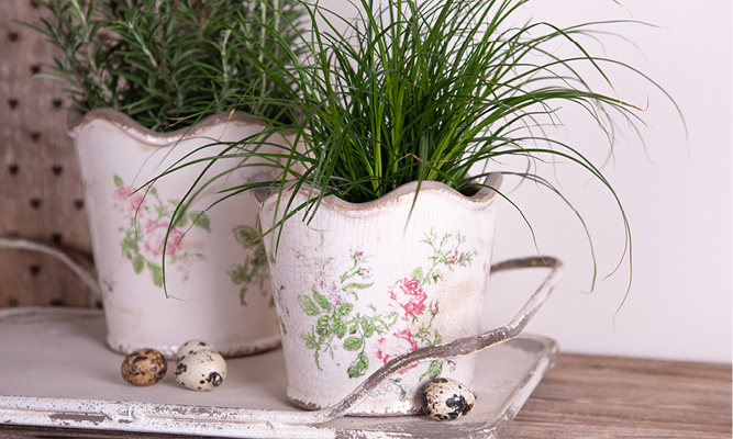 Deux pots de fleurs romantiques de style campagnard sur un plateau en métal avec des œufs de caille