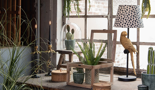 A jungle interior style with a golden parrot lamp, wooden crates, and plants