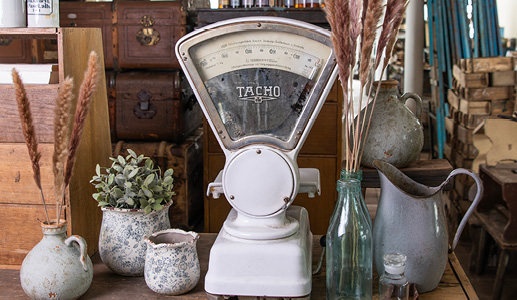 Une balance ancienne avec deux petits pots de fleurs vintage et un vase bleu avec des brindilles de fleurs séchées